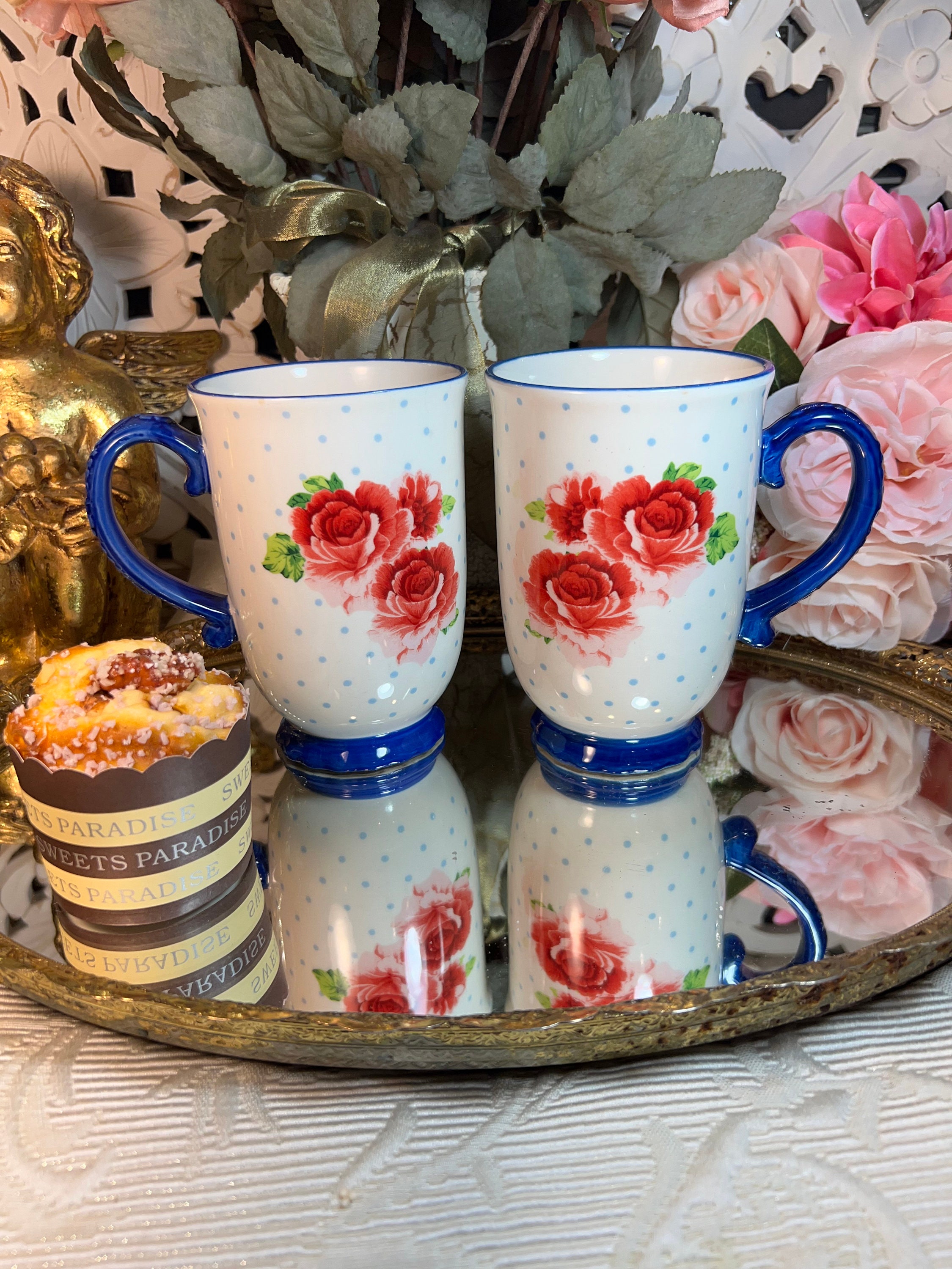 Pioneer Woman Coffee Mugs Floral Stoneware Pedestal Mugs Set of  Vintage Footed Mugs ~PIONEER WOMAN Heritage Blue Dots Floral Mug