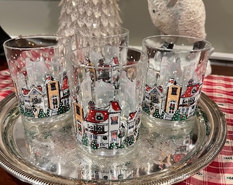 Christmas Cocktail Glass Winter Town Scene Snowfall ~ Christmas Cocktail Glass ~ Set of 4