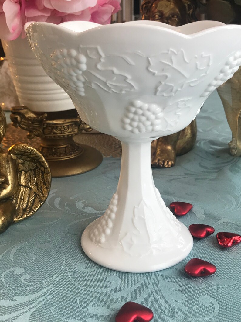 Vintage Milk Glass Compote Bowl With Grape Designs Etsy