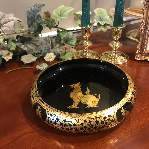 Beautiful Asian Foo Dog Black Lacquered Bowl ~ Chinoiserie Decor