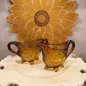 Vintage Indiana Glass Golden Color Sweet Pear Tiara Sugar Creamer Set ~ Vintage Creamer and Sugar Set Burnt Honey