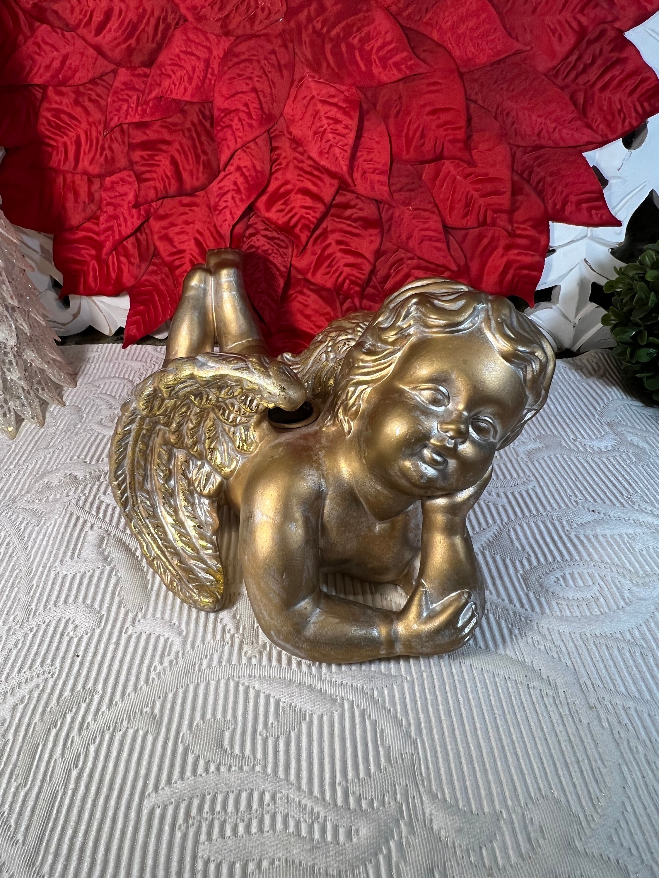 Vintage Golden Ceramic Angel Candle Holder ~ Cherub Candlestick Holder ~ Gold Cherub Lying ~ Angel Figurine Candle Holder
