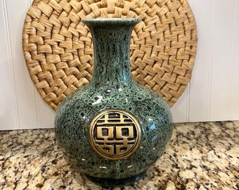 Vintage Asian Green Drip Glaze Vase  ~ Large Chinese Medallion Vase Jar