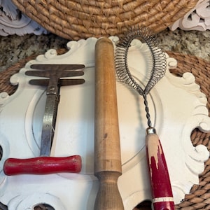 Set of 3 Vintage Kitchen Tools ~ Vintage Chopper Foley Triple Blade ~ Vintage Kitchen Utensils ~Vintage Whisk Tool ~ Mini Rolling Pin