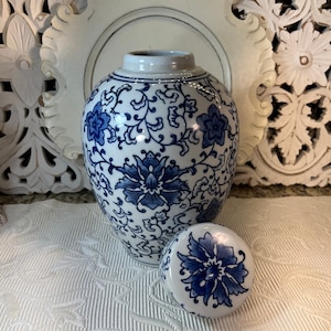 Blue and White Chinoiserie Ginger Jar ~ Blue & White Chinoiserie Lotus Flower Design Vase ~