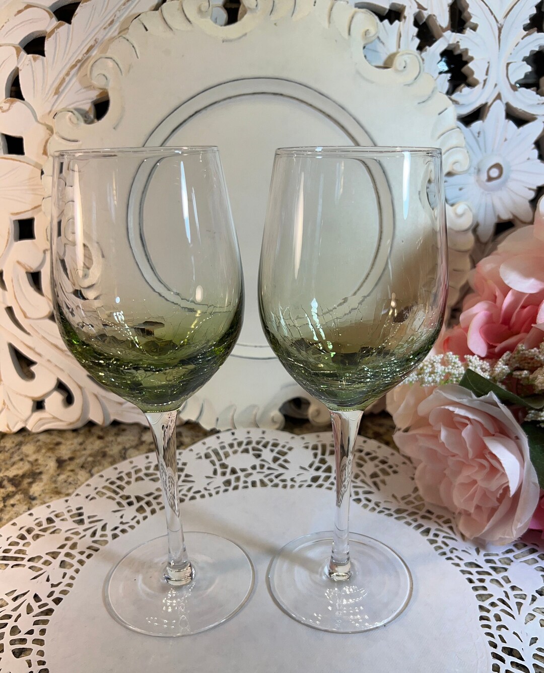 Pier 1 Reflections Crystal Wine Glasses Set of 4 Green Crackle Hand