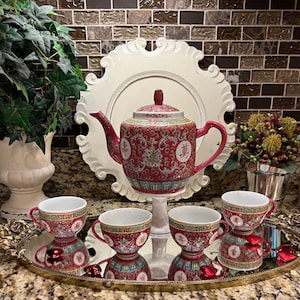 Jingdezhen Mun Shou Longevity Teapot & 4 Cups ~ Asian Tea Set by Mun Shou ~ Chinoiserie Teapot