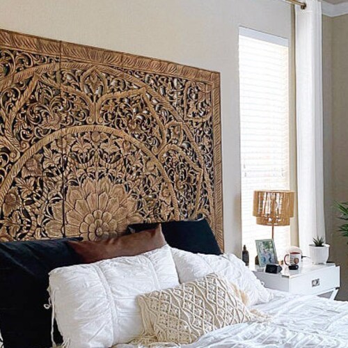 Rustic King Size Headboard Mandala Lotus Flower Wood Wall Art Etsy