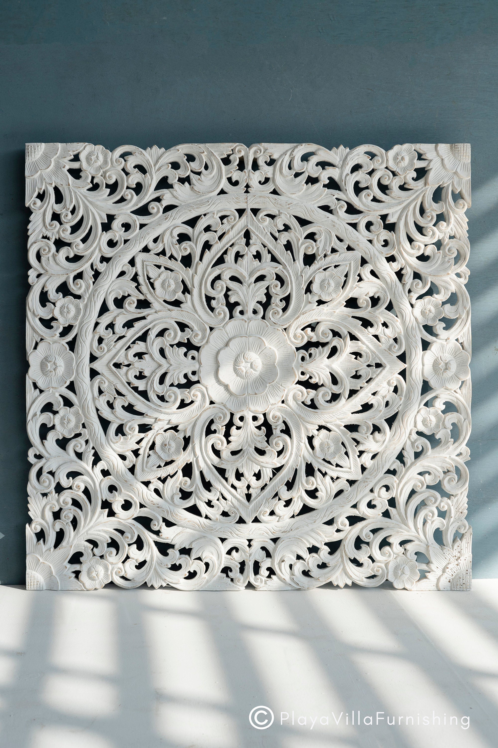 White Wash Wood Wall Art Panel Hand Carved Medallion Wall Etsy