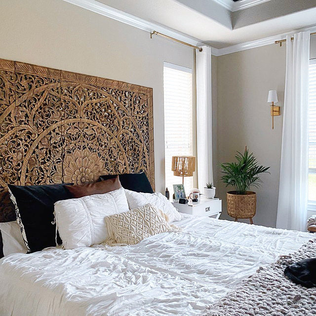 King Size Bed Headboard, Wall Mounted Carved Wood Panels, Handcrafted Mandala Wooden Sculpture, Rustic Brown Stain Wash Finishing, 72 inches for sale  