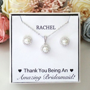 Bridesmaid Jewellery Pearl Set, Bridesmaid Gift, Personalized Bridesmaid Round Pearl, Crystal Necklace, Earrings and Bracelet Set, Pearl Set image 2