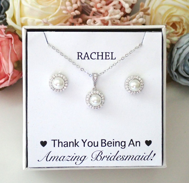 Bridesmaid Jewellery Pearl Set, Bridesmaid Gift, Personalized Bridesmaid Round Pearl, Crystal Necklace, Earrings and Bracelet Set, Pearl Set image 2