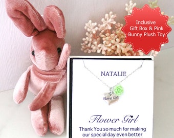 Flower Girl Heart Pendant Necklace: Green Rose Charm, White Gold Plated