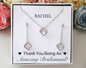 Cubic Zirconia Bridesmaid Jewelry Set: White Gold Earrings and Necklace
