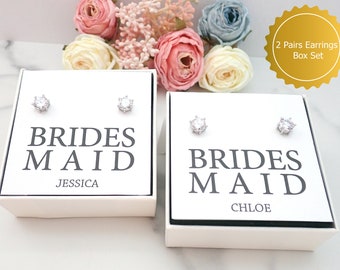 Personalise Bridesmaid Gift Cubic Zircon Stud Earrings, Custom Bridesmaid Gift, Bridesmaid Earrings (2 Sets)