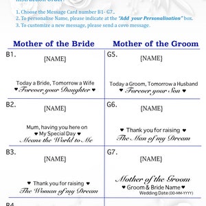 May include: A white informational card featuring blue text titled Choose a Message Card for Mother of the Bride and Mother of the Groom. It lists numbered options B1 through B4 and G5 through G7, each containing placeholder names and wedding messages.