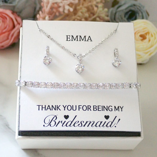 Personalized Bridesmaid Gift, Bridesmaid Earrings & Necklace Set, Crystal Wedding Jewellery Set, Bridesmaid Jewellery, Mother of Bride Gift