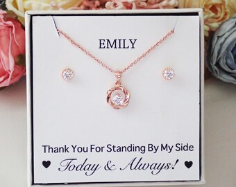 Rose Gold Bridesmaid Jewelry Set: Cubic Zirconia Stud Earrings, Necklace