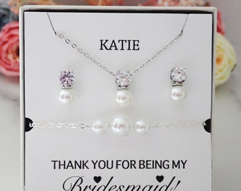 Pearl Bridesmaid Jewelry Set: Cubic Zirconia, White Gold Plated