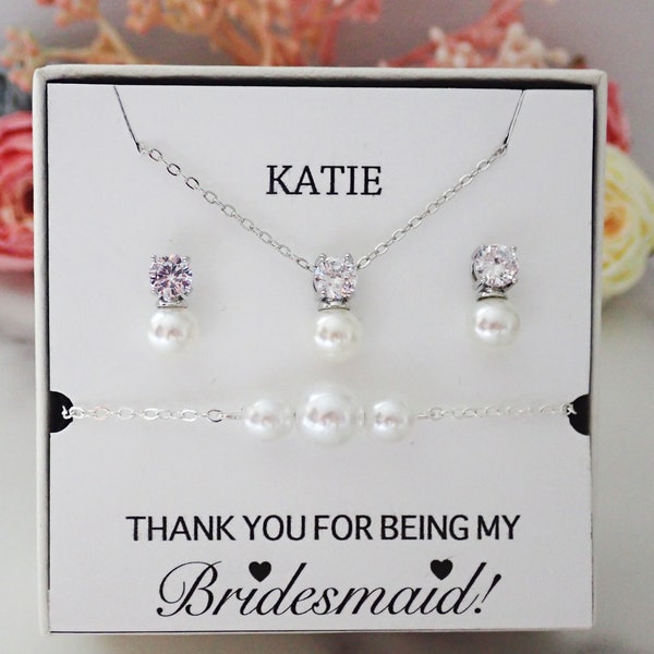 Bridesmaid Jewellery Set Pearl, Bridesmaid Gift, Personalized Bridesmaid Gift, Bridesmaid Jewellery, Bridesmaid Necklace & Earrings Gift Set
