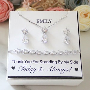 White Gold Plated Bridesmaid Jewelry Set: Cubic Zirconia Necklace, Earrings & Bracelet