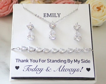 White Gold Plated Bridesmaid Jewelry Set: Cubic Zirconia Necklace, Earrings & Bracelet