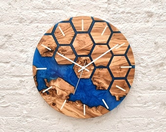 Custom Made Unique wood and resin wall clock, Large Wall Clock, Olive Wood Resin River Clock for wall, New Apartment Gift, Living Room Decor