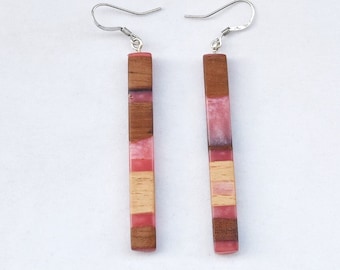 Original handmade earrings made of wood and pink Epoxy resin , Pendant Earrings, Geometric Earrings, Boho Earrings, Rectangular Earrings