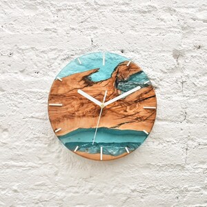Wood & resin modern wall clock, Rustic wall clock, Farmhouse Home decor, Olive Wood wall decor, Housewarming gift first home, Gift for dad image 1