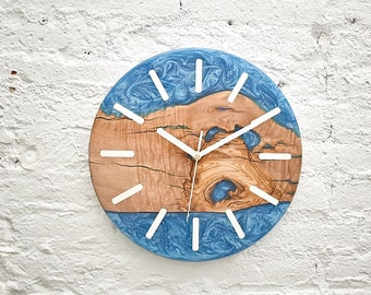 Unique Resin & Wood Wall Clock, Rustic Wall Clock For Living Room, Housewarming Gift For Couple, Live Edge Olive Wood Wall Clock, Home Decor