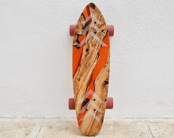 Wood & Epoxy resin skateboard deck, Custom olive wood longboard, Surfskate Cruiser board, Gift for him birthday, Christmas gift for grandson