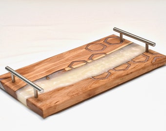 Resin Serving Tray, Wooden Epoxy Resin Cheese Board, Charcuterie Board with Handles, Appetizer Tray, Ideal Housewarming Gift, New Home Gifts