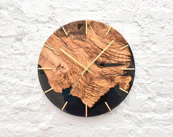 Epoxy & Wood Wall Clock, Made to order Resin and Olive Wood Clock for Wall, Home gift, Live Edge Rustic Olive Wood Wall Clock, Unique Decor