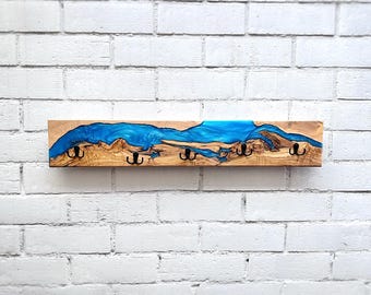 Percheros únicos para pared, percheros de madera de río con resina, perchero de pared de resina de olivo, decoración rústica.