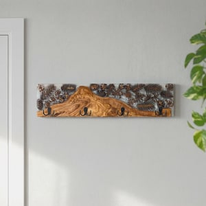 Handmade Olive Wood Wall Coat Rack with White Epoxy Resin and Pine Cones