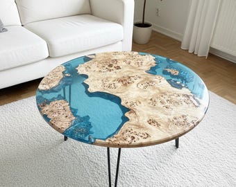 Mesa de centro de resina epoxi, mesa de centro redonda única, mesa de centro de madera con borde natural, mesa de centro moderna para sofá, decoración única para el hogar, regalo para un nuevo hogar
