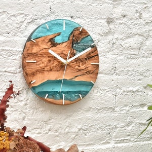 Wood & resin modern wall clock, Rustic wall clock, Farmhouse Home decor, Olive Wood wall decor, Housewarming gift first home, Gift for dad image 2