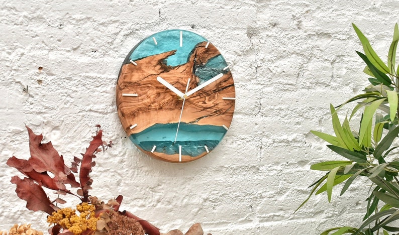 Wood & resin modern wall clock, Rustic wall clock, Farmhouse Home decor, Olive Wood wall decor, Housewarming gift first home, Gift for dad image 2