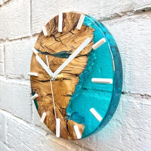 Olive Wood Epoxy Resin River Wall Clock, Rustic Farmhouse Decor, Handmade Blue Timepiece