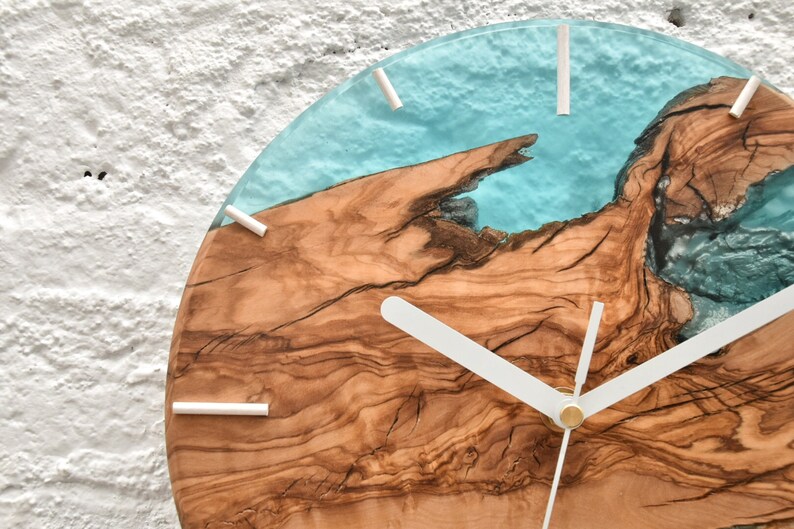 Wood & resin modern wall clock, Rustic wall clock, Farmhouse Home decor, Olive Wood wall decor, Housewarming gift first home, Gift for dad image 7