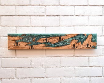 Custom Olive Wood Resin Coat Rack, Wall Mount Hooks, Handmade River Hanger