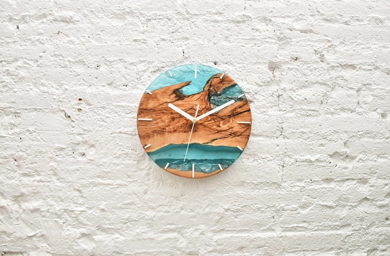 Wood & resin modern wall clock, Rustic wall clock, Farmhouse Home decor, Olive Wood wall decor, Housewarming gift first home, Gift for dad image 1