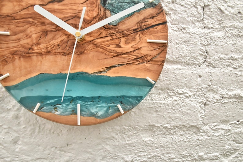 Wood & resin modern wall clock, Rustic wall clock, Farmhouse Home decor, Olive Wood wall decor, Housewarming gift first home, Gift for dad image 6