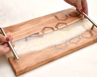 Dienblad hout epoxyhars, luxe vleeswarenbord met handgrepen, kaas- en voorgerechtschotel, housewarming kerstcadeau, keukendecor