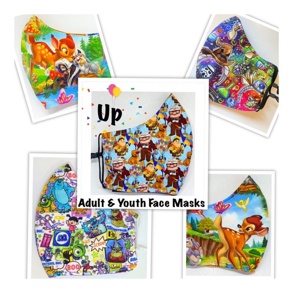 Up, Bambi, Monsters inc. Aristocats Face Masks ; Multiple Prints to choose from, adult & Youth Sizes, CoteCoutureLtd