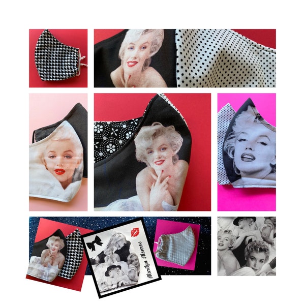Marilyn Monroe Face mask; black and white Vintage, Movie Nostalgia, Kisses, red lips, Houndstooth, polka dots, Floral, CoteCoutureLtd