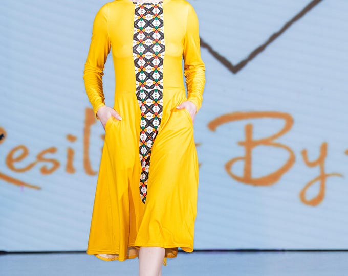 All-over print long sleeve midi dress
