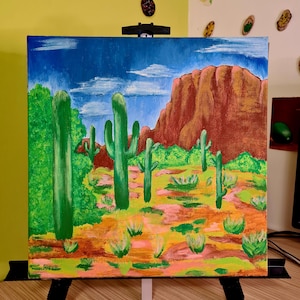 Pintura original de paisagem desértica – Arte de parede de cactos em tela, cena natural pintada à mão, decoração colorida para casa no sudoeste, presente exclusivo