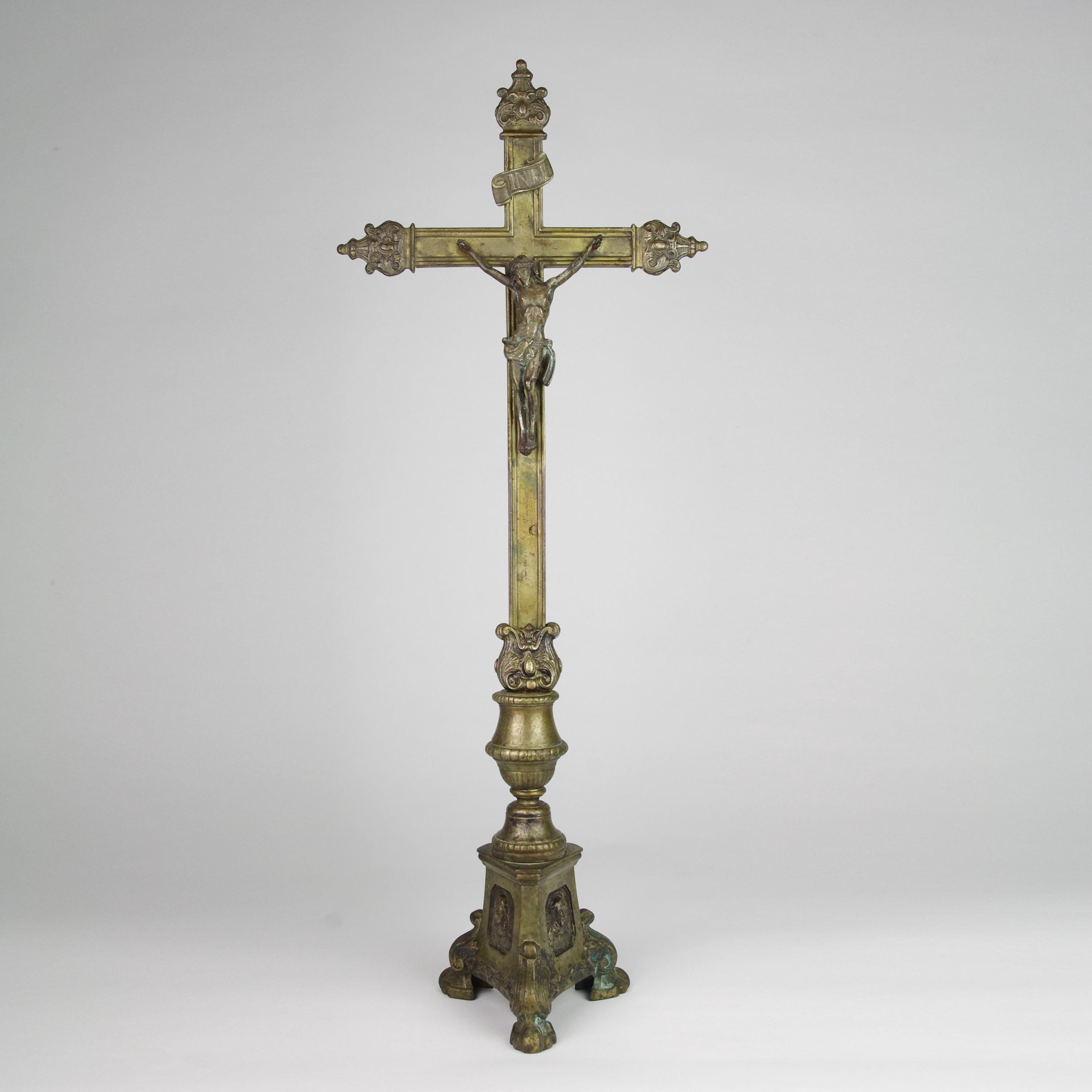French Altar Crucifix, Bronze Standing Cross, 19th Century
