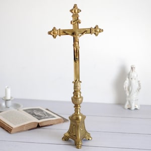 Antique Altar Crucifix, Gilded Bronze Standing Cross, 19th Century